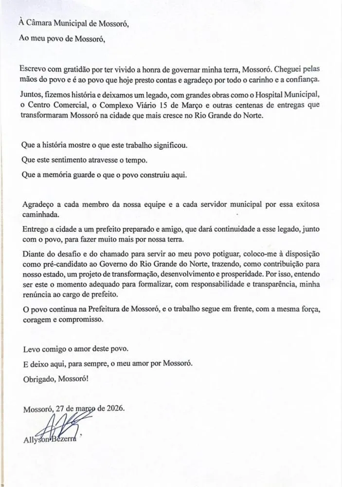 Urgente: Prefeito de Mossoró renuncia ao cargo